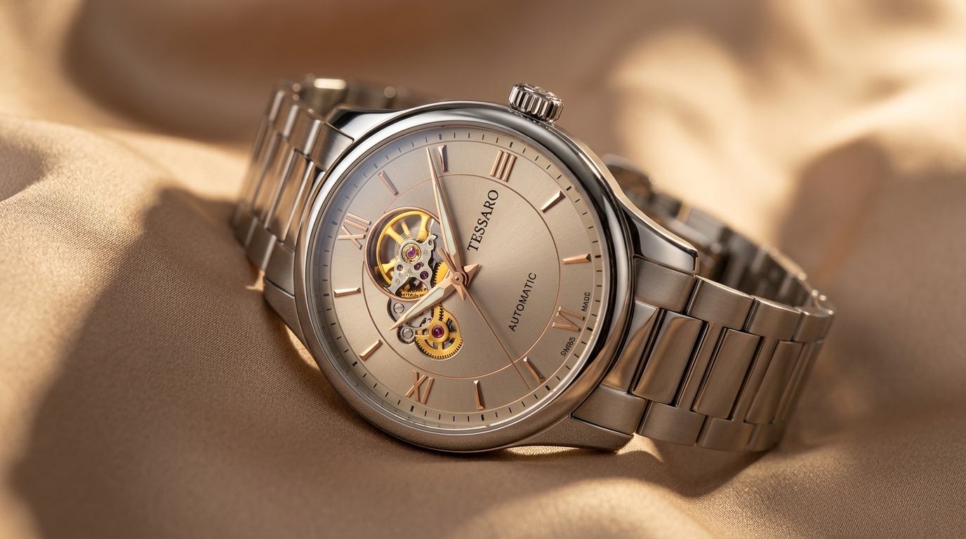 TESSARO Open-Heart Automatic Watch in Champagne Satin